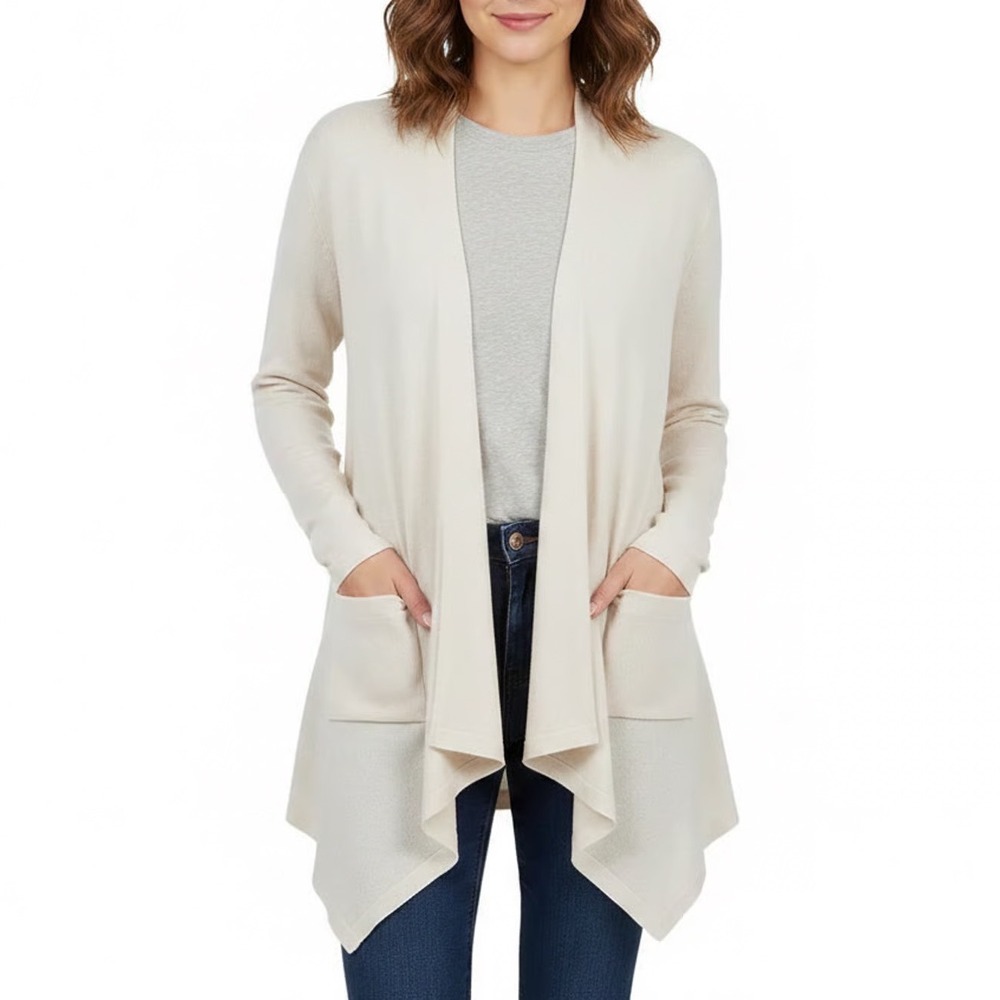 Mudd Cardigan Sweater Womens XS Beige Stretch Knit Ribbed Open Front Long Sleeve